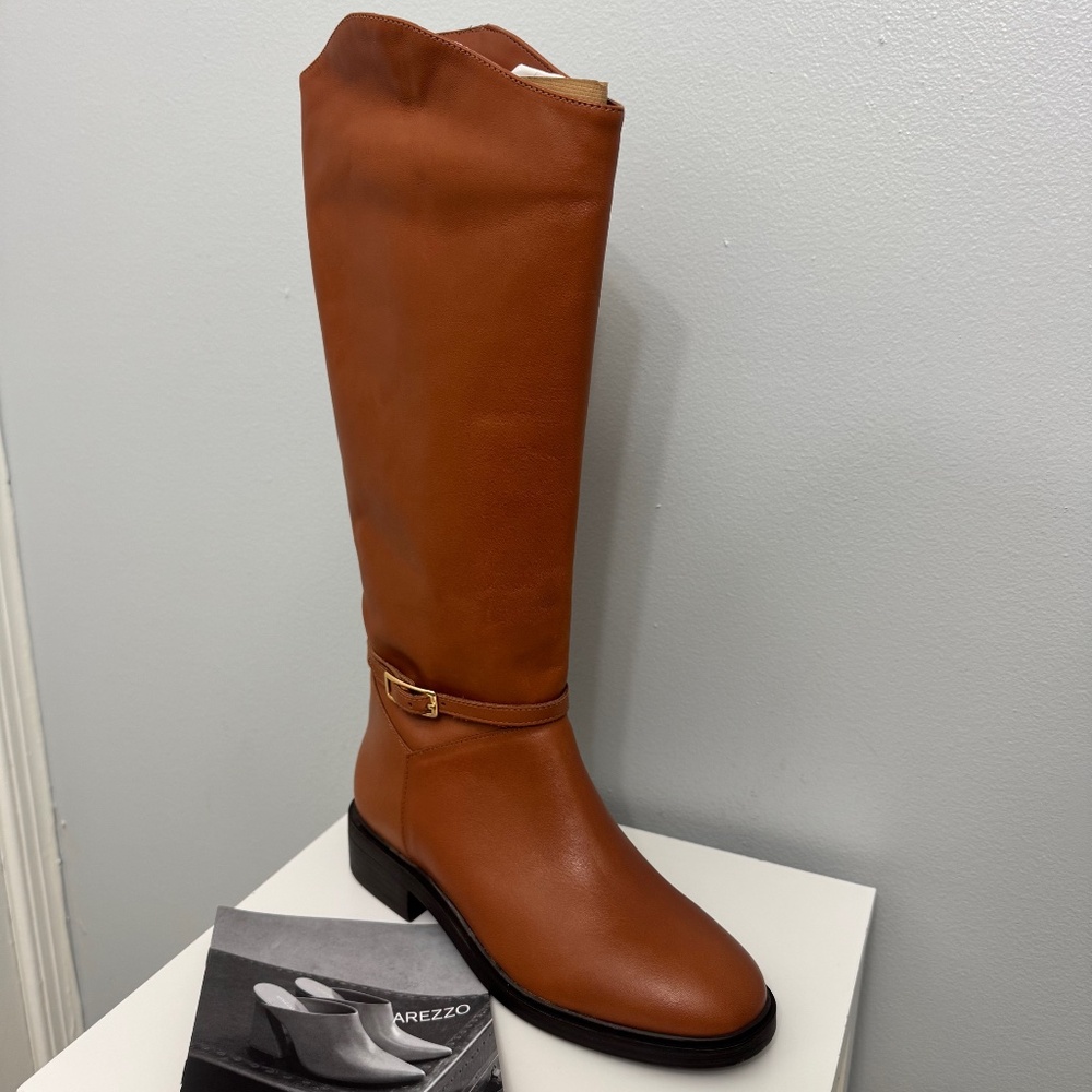 Arezzo Women’s Tall Leather Riding Boots Caramel , Gold Buckle Detail , NEW - Picture 5 of 11
